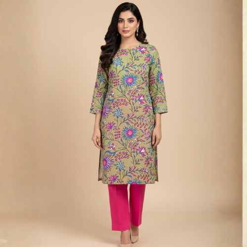 Mint Green & Magenta Floral Lawn